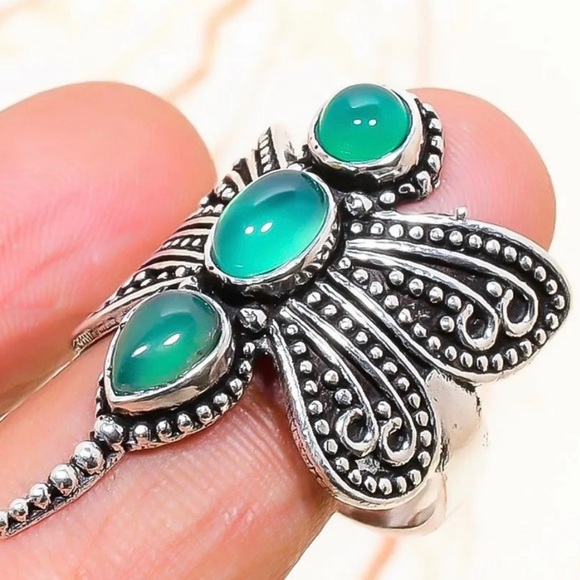 Artesian Jewelry - Green Onyx Gemstone Dragonfly Ring